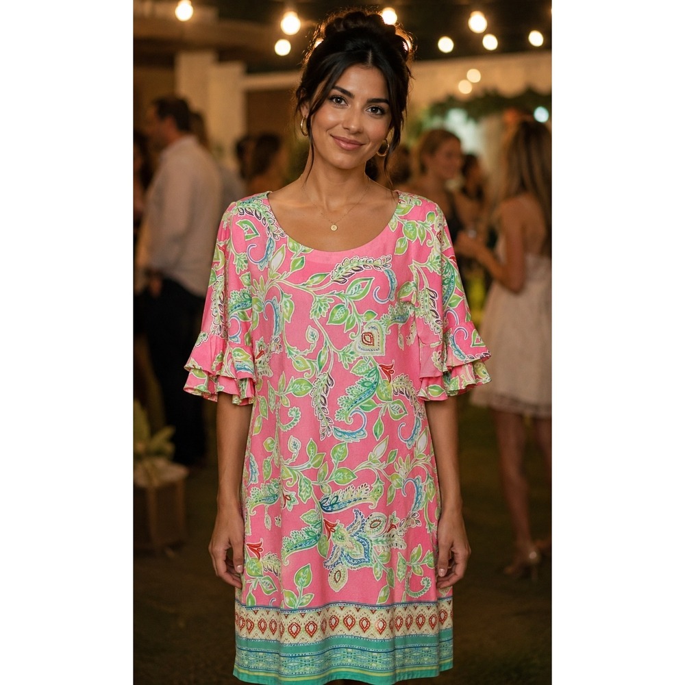 NWT Pappagallo Erika Dress Paradise Pink Paisley Ruffle Bell Sleeve Shift Sz XS